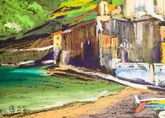 Vernazza, Cinqueterre. Cities of my dreams series. Small oil pastel drawing bright colors italy