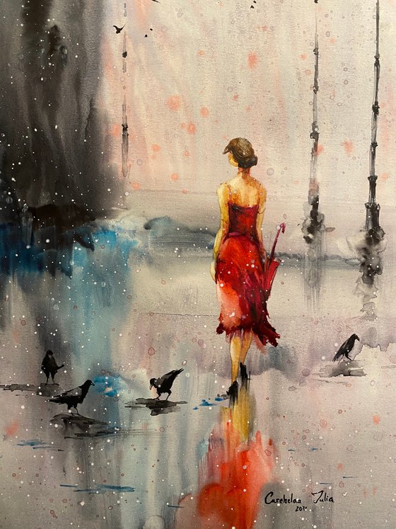 Watercolor “Dashing Lady in red ” perfect gift