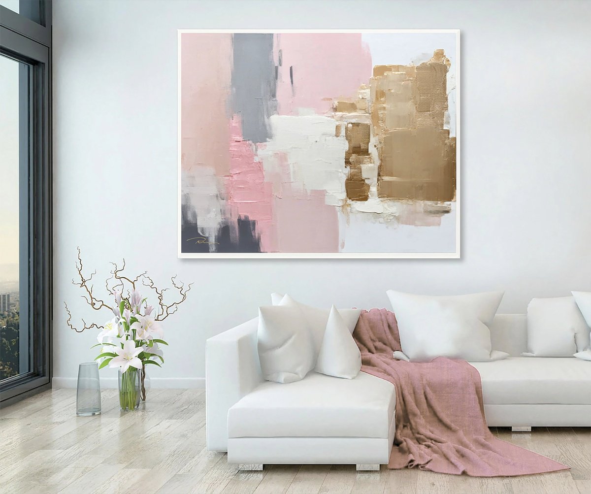 Abstract Acrylic Painting By Indie Ru, 81 X 57, Powder Pink And Gold Abstract, Original Artwork