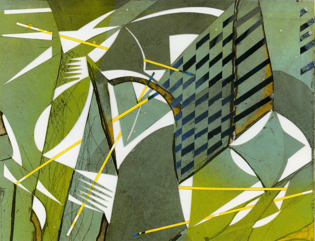 Geometric Abstract Collage By Alfred Ng, 12 X 9, Interwined With Yellow, Original Artwork