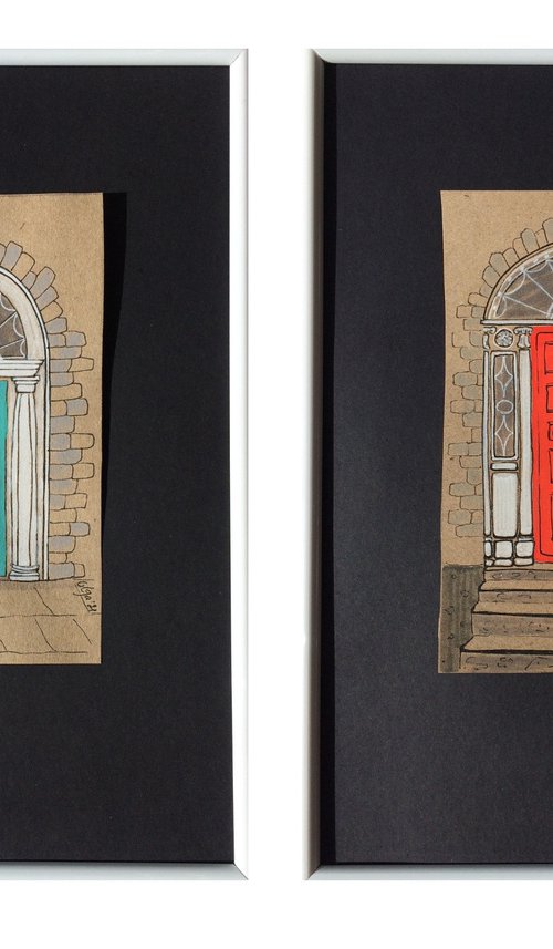 Turquoise and red doors - Set of 2 architecture mixed media drawing by Olga Ivanova