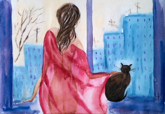 Girl and cat original watercolor painting best friend for isolation "April outside"