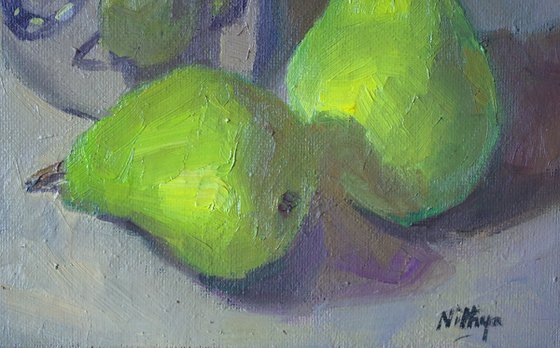 Kitchen Decor - Pear Reflections on Metal - Small Oil painting, home decor