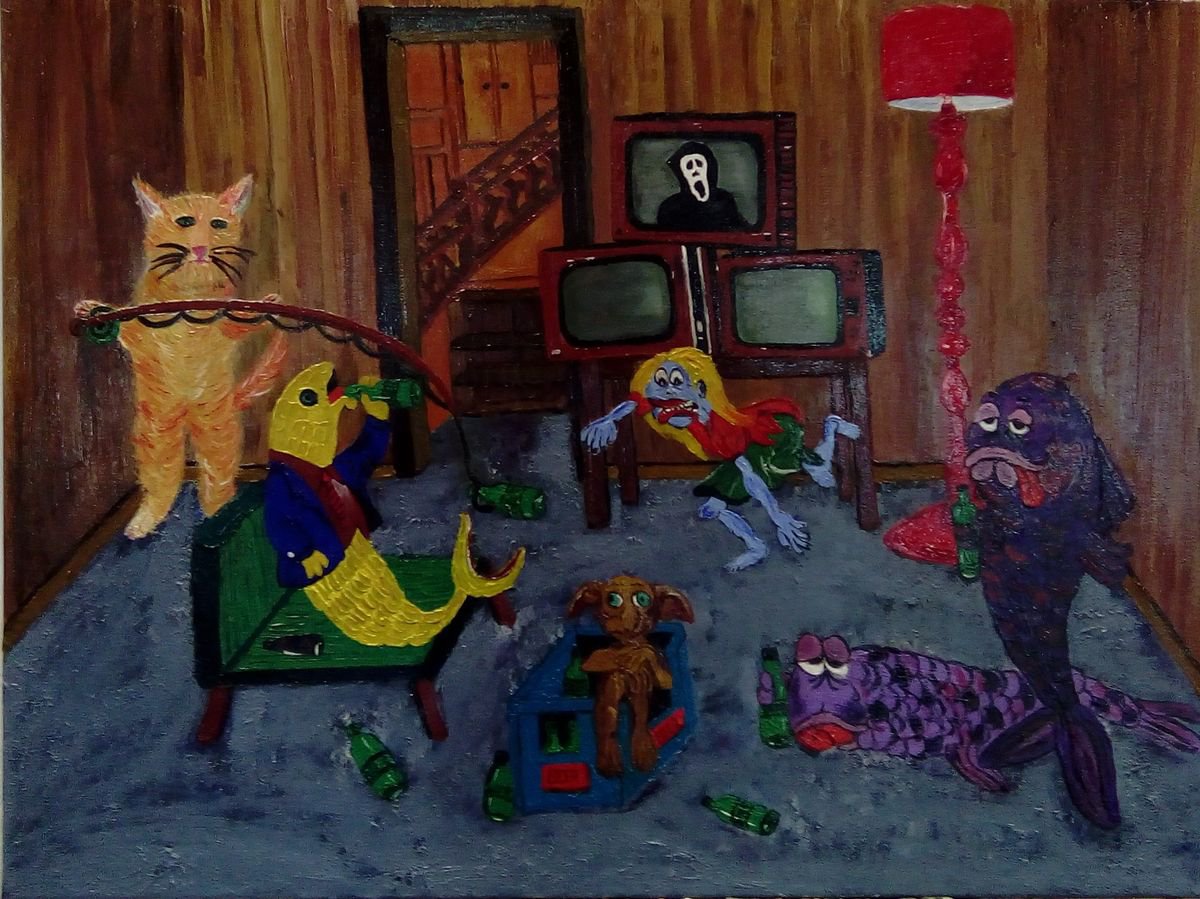 Naive Animal Oil Painting By Corinne Hamer, 32 X 24, Drink Like A Fish!, Original Artwork