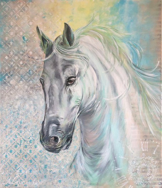 GRACE -White horse. Stallion. Totem animal. Running horse. Wild Horse. Gorgeous mane. Abstract background. Beauty. Force. Power. Steed.