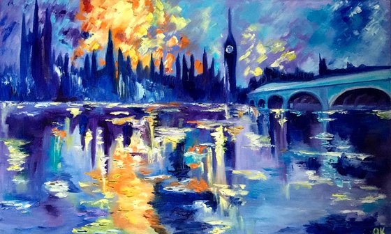 Sunset in London. House of Parliament. LARGE OIL PAINTING