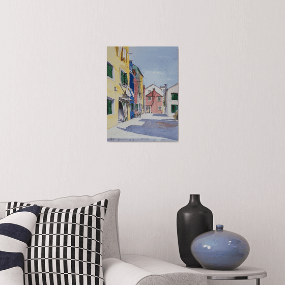 Burano island. Original watercolor. Small colorful venice italy light shadow warm urban landscape street scene bright impressionism realism travel romantic.