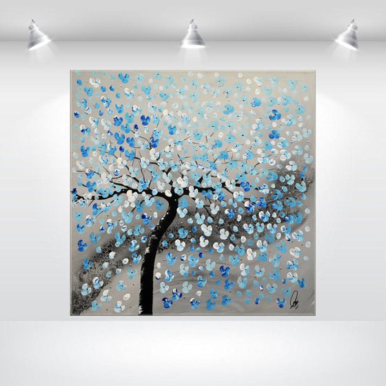 Blue Dreams  Acrylic Art Painting , Blue Cherry Blossoms, Abstract Painting, Flowers, Large Painting Canvas Wall Art