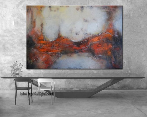 Terra Nova, 40"x60" Textural Red and grey abstract Painting ready to hang
