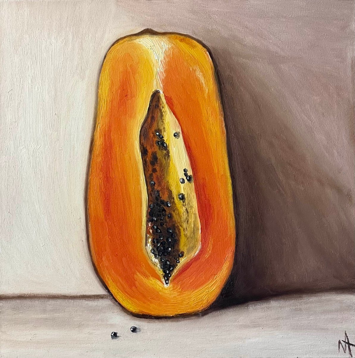 Photorealistic Still Life Oil Painting By Anastasiia Novitskaya, 20 X 20, Papaya, Original Artwork