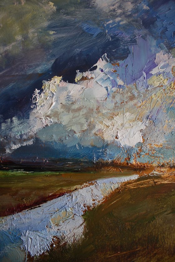 'Storm Coming III' (Sky, Clouds, Dramatic River Landscape Oil Painting).