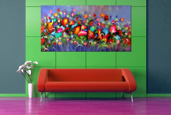 63" VERY LARGE Flowers Painting "Evening Song of Flowers"