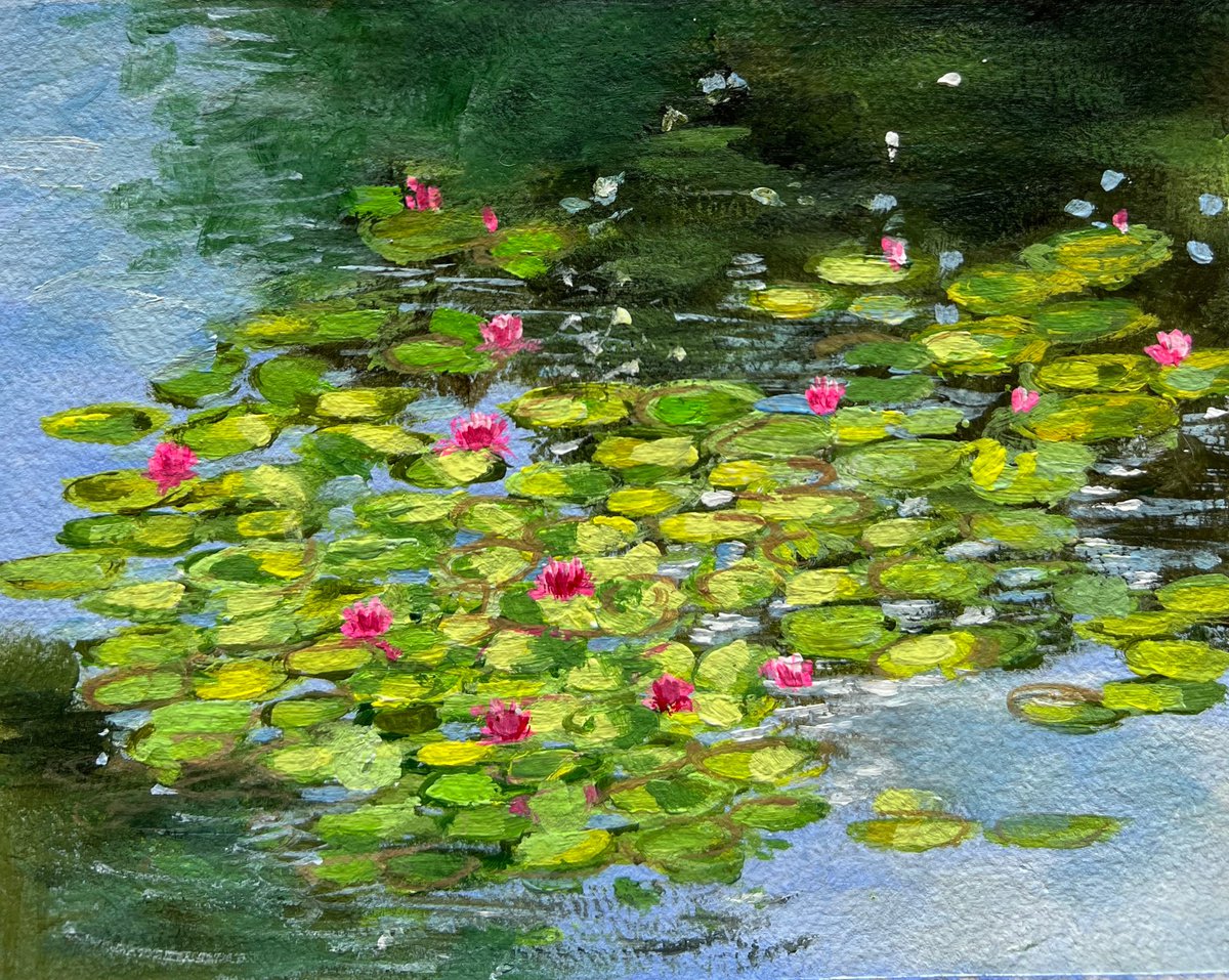 Morning Water lily pond on handmade paper by Amita Dand