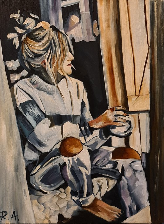 Woman sitting on the stairs with cup of coffee 40*30