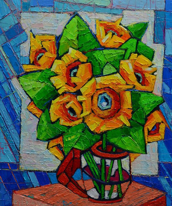 CUBIST SUNFLOWERS - modern colorful vibrant highly textured floral palette knife oil painting