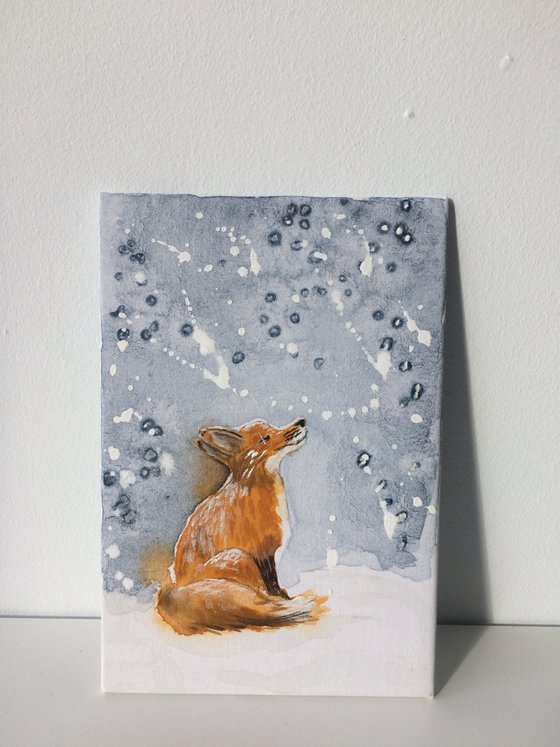 Fox portrait - Animal in the winter forest - Small watercolor on canvas - Framed artwork - Christmas gift idea