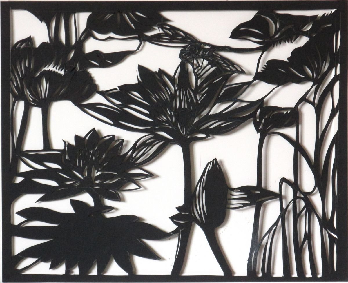 Botanical Drawing By Alfred Ng, 11 X 8, Dragonfly With Waterlily Paper Cut, Original Artwork