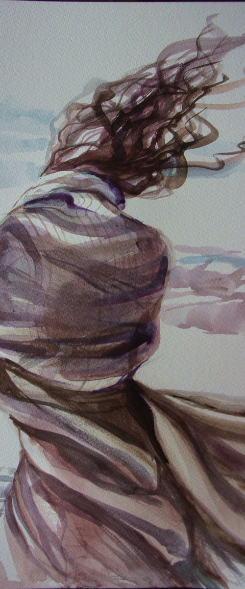 MONIKA LUNIAK " WIND ... " gold particles  40x30cm original WATERCOLOURS painting  GIFT MODERN URBAN ART OFFICE ART DECOR HOME DECOR GIFT IDEA by Monika Luniak
