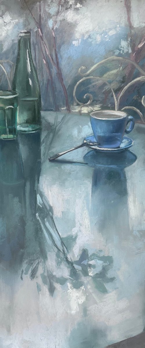 still life with a green bottle and a cup of coffee by Anna Bogushevskaya