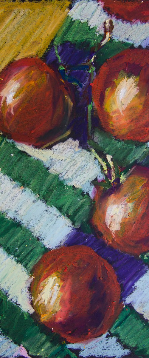 Summer tomatoes. Home isolation series. Oil pastel painting. original small veggies red still life home decor interior gift provence by Sasha Romm