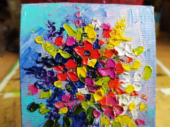 Bouquet of flowers - small painting, oil painting, flowers, postcard, bouquet, gift idea, gift, flowers oil painting