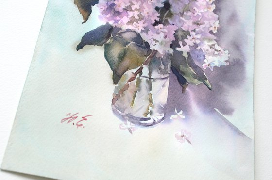 Lilac branch in a glass, Watercolor spring