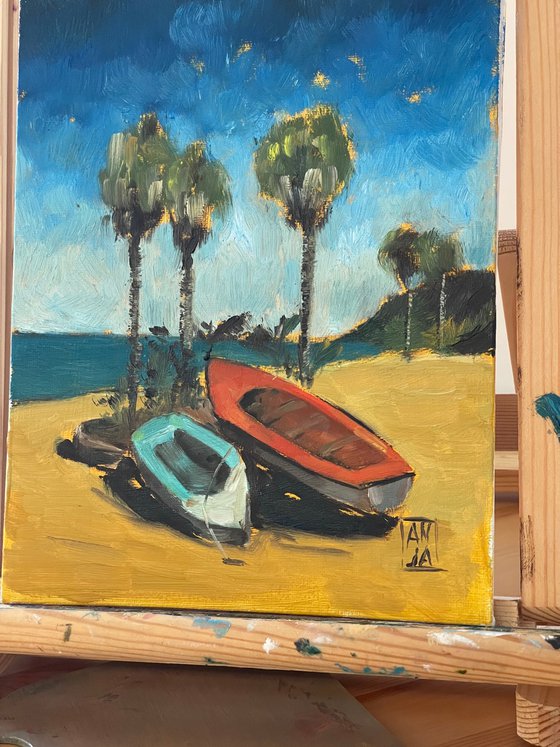 Twin Boats Under Palms