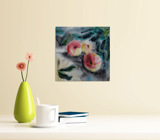 Apples painting, fruit watercolor painting original, kitchen wall art