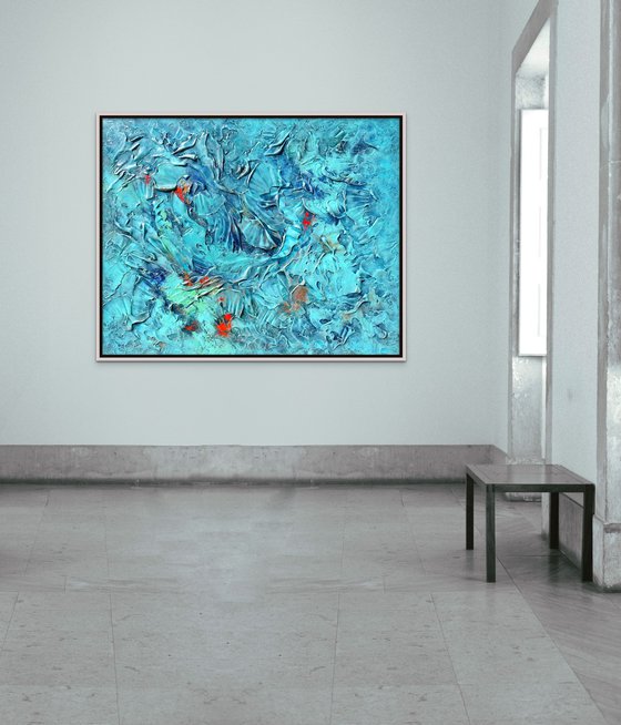 UNBELIEVABLE SUMMER. Abstract Blue, Teal, Turquoise Textured Coastal Large Painting