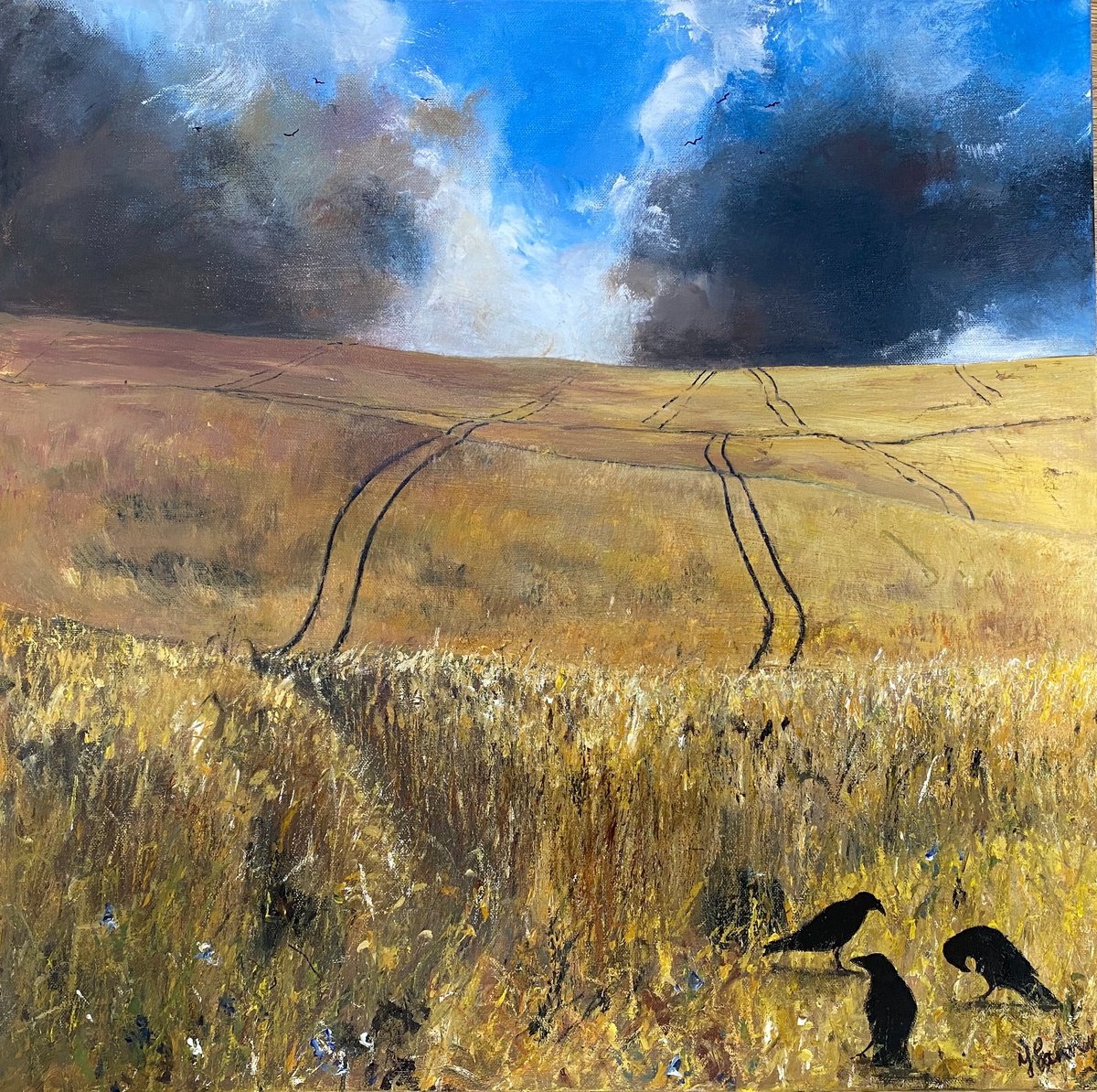 Late Summer Cornfield with crows & Cornflowers by Teresa Tanner