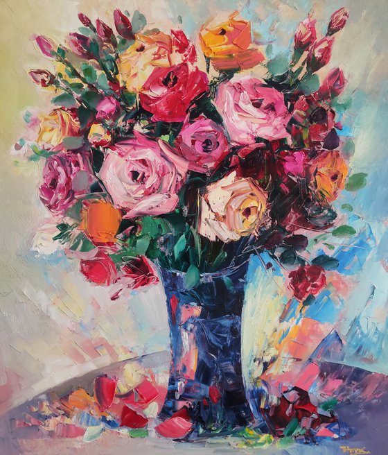 Colorful roses (60x70cm, oil painting, ready to hang)