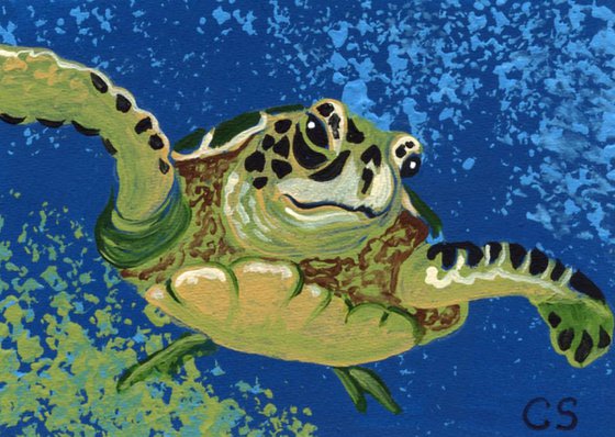 ACEO ATC Original Miniature Painting Sea Turtle Marine Wildlife Art-Carla Smale
