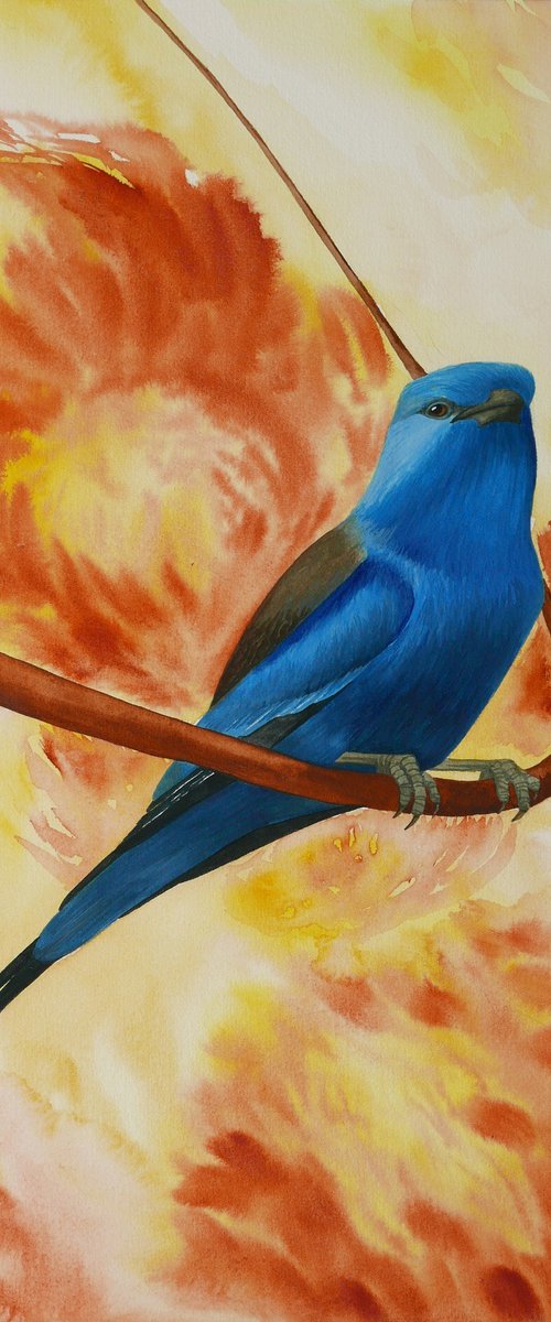 Blue bird on the branch with flowers by Karina Danylchuk