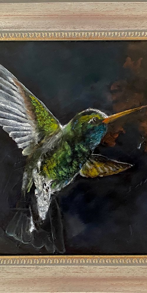 Astonishing Hovering Hummingbird Original Oil Painting 8x10 framed by Mary Gullette