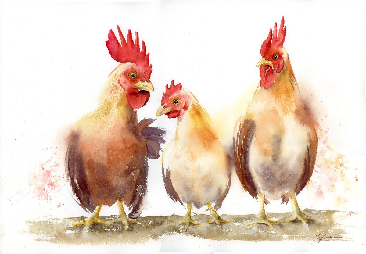 Impressionistic Animal Watercolour By Olga Tchefranov (Shefranov), 20 X 14", Love Triangle, Original Artwork