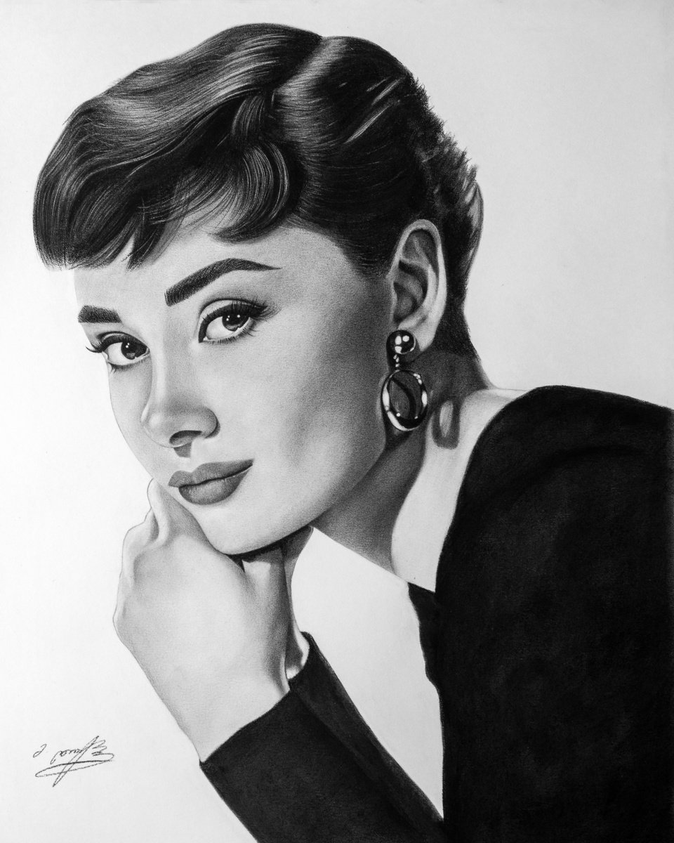 Photorealistic Portrait Charcoal Drawing By Mariam Darchiashvili, 16 X 20", Audrey Hepburn, Original Artwork
