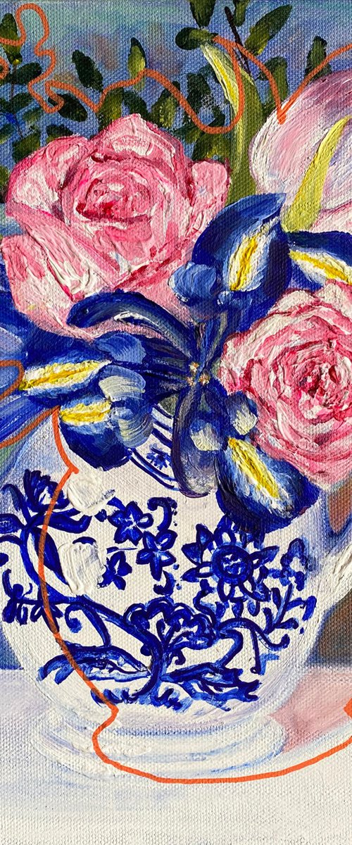 Pink roses, irises and blue by Rebecca Carr