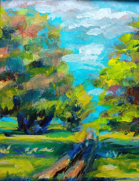 Sunny Summer landscape Trees and sky Original acrylic painting