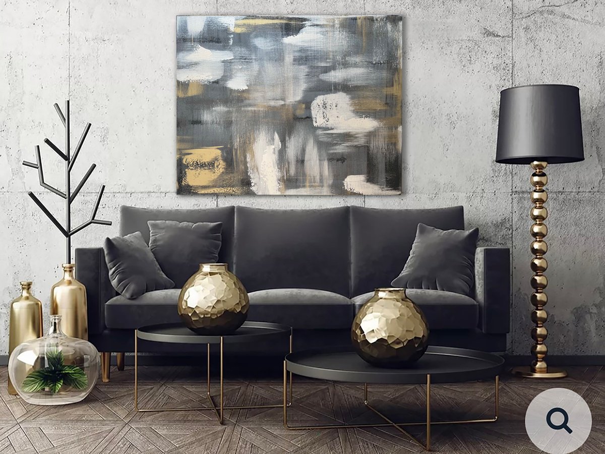 100x80cm Gray gold silver abstract painting. Mother-of-pearl luxury by Marina Skromova