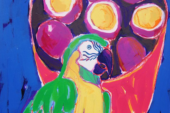 Parrot and passion fruits