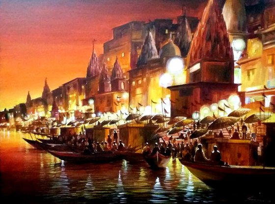 Festival Night in Varanasi Ghats - Acrylic on Canvas painting
