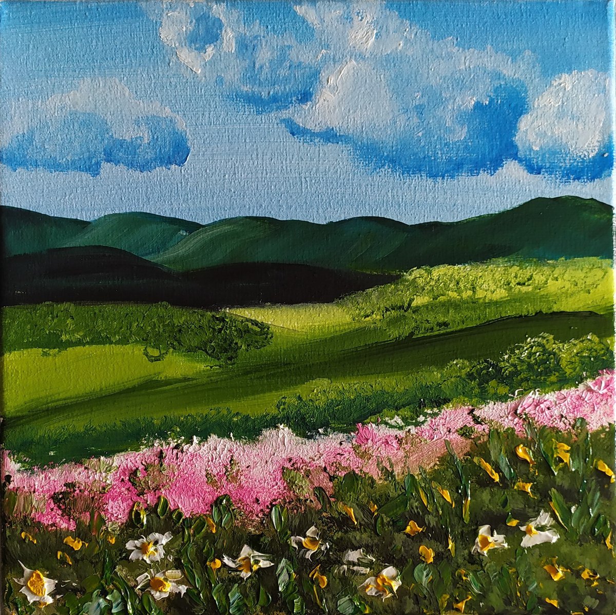 Under the clouds, original landscape field oil painting, gift idea by Nataliia Plakhotnyk