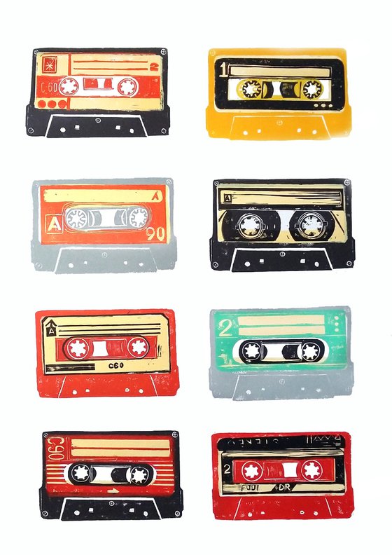 Linocut tapes #46 (cassette tapes, retro music, 70's, 80's rock culture)