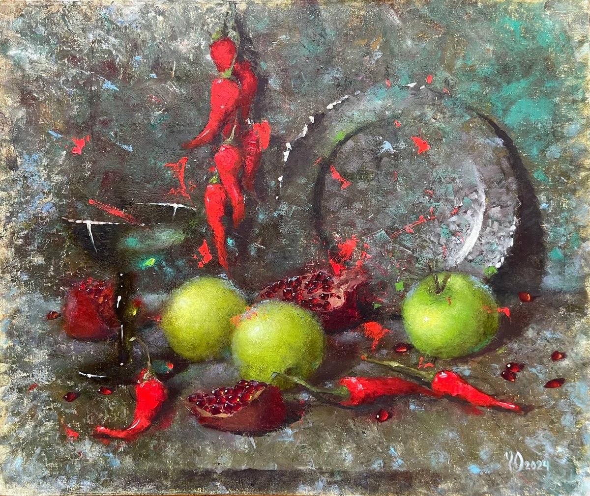 Impressionistic Still Life Oil Painting By Yulia Odukalets, 20 X 17", Apple Chili Pomegranate Fruit, Original Artwork