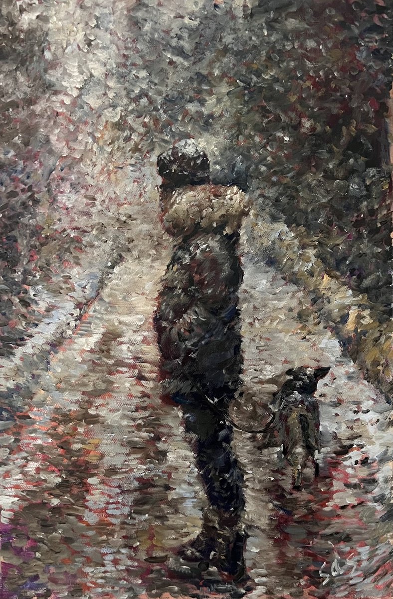 Impressionistic Portrait Oil Painting By Liubou Sas, 16 X 24", My Dog Loves Snow, Original Artwork