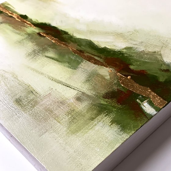Abstract Landscape in Earth and Green with Gold Leaves