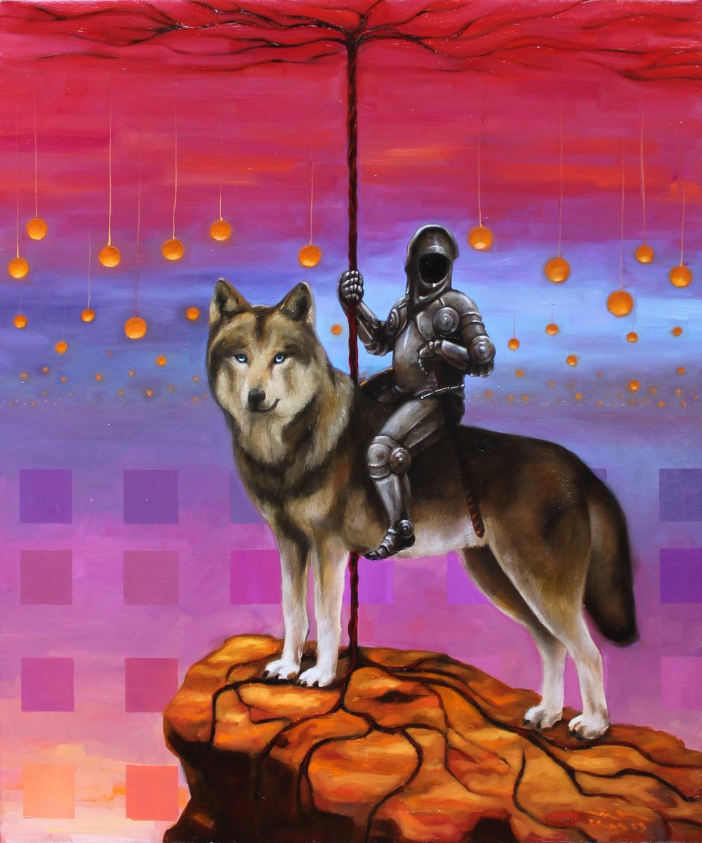 Surrealistic Animal Oil Painting By Ivan Gejko, 20 X 24, The Bridge And Its Guardian, Original Artwork