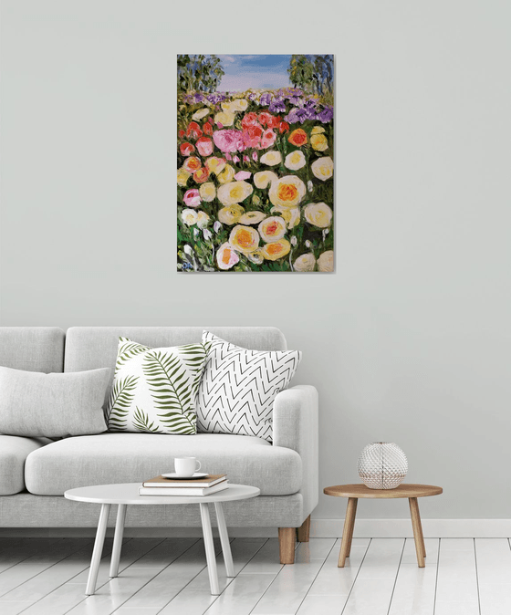 SUMMER DAY WHITE PINK YELLOW PURPLE  ROSES in a Greenwich rose garden palette  knife modern office home decor gift