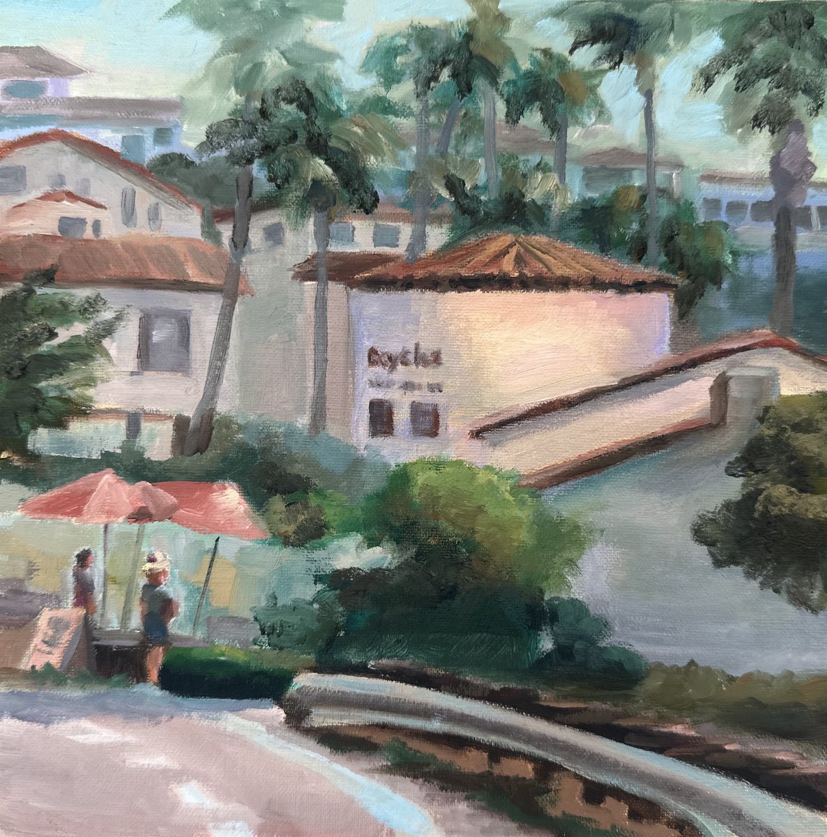 Impressionistic Cityscapes Oil Painting By Grace Diehl, 8 X 8, Bike Shop, Original Artwork