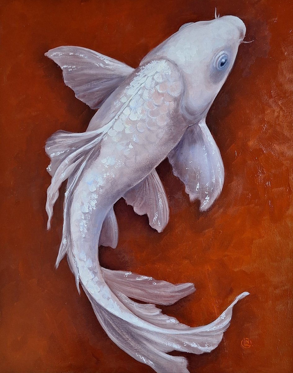 Photorealistic Oil Painting , White Koi On Terracotta Red By Natalia Langenberg, 12 X 16, Artwork For Sale On Artfinder